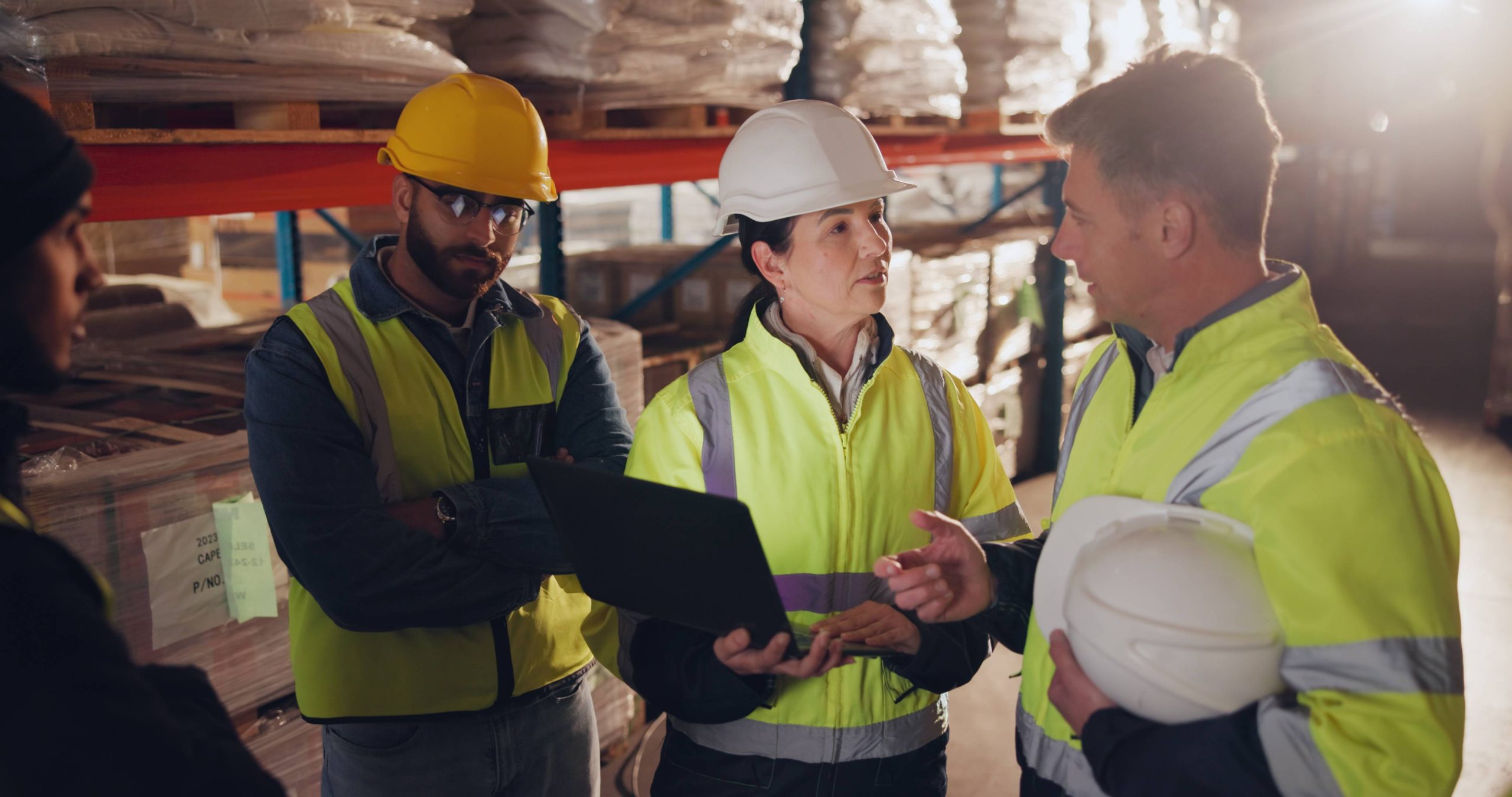 En la imagen, un equipo de cuatro profesionales se encuentra en un almacén de suministros mineros, todos equipados con cascos y chalecos de seguridad de alta visibilidad. Una mujer toma la iniciativa y presenta datos en una computadora portátil a sus colegas, quienes escuchan y gesticulan con atención. Esta escena de colaboración y comunicación efectiva en el lugar de trabajo ejemplifica cómo el personal de logística y operaciones puede integrar y demostrar un enfoque de seguridad con enfoque positivo en minería en sus tareas diarias.